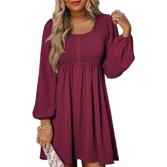 Dresses & Skirts - Womens 2025 Casual Dress Smocked Crewneck Button Up Long Sleeve Empire Rose
